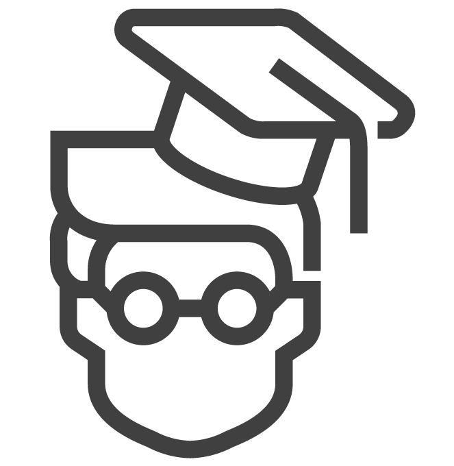 An icon for Education & Research, symbolizing a graduate student